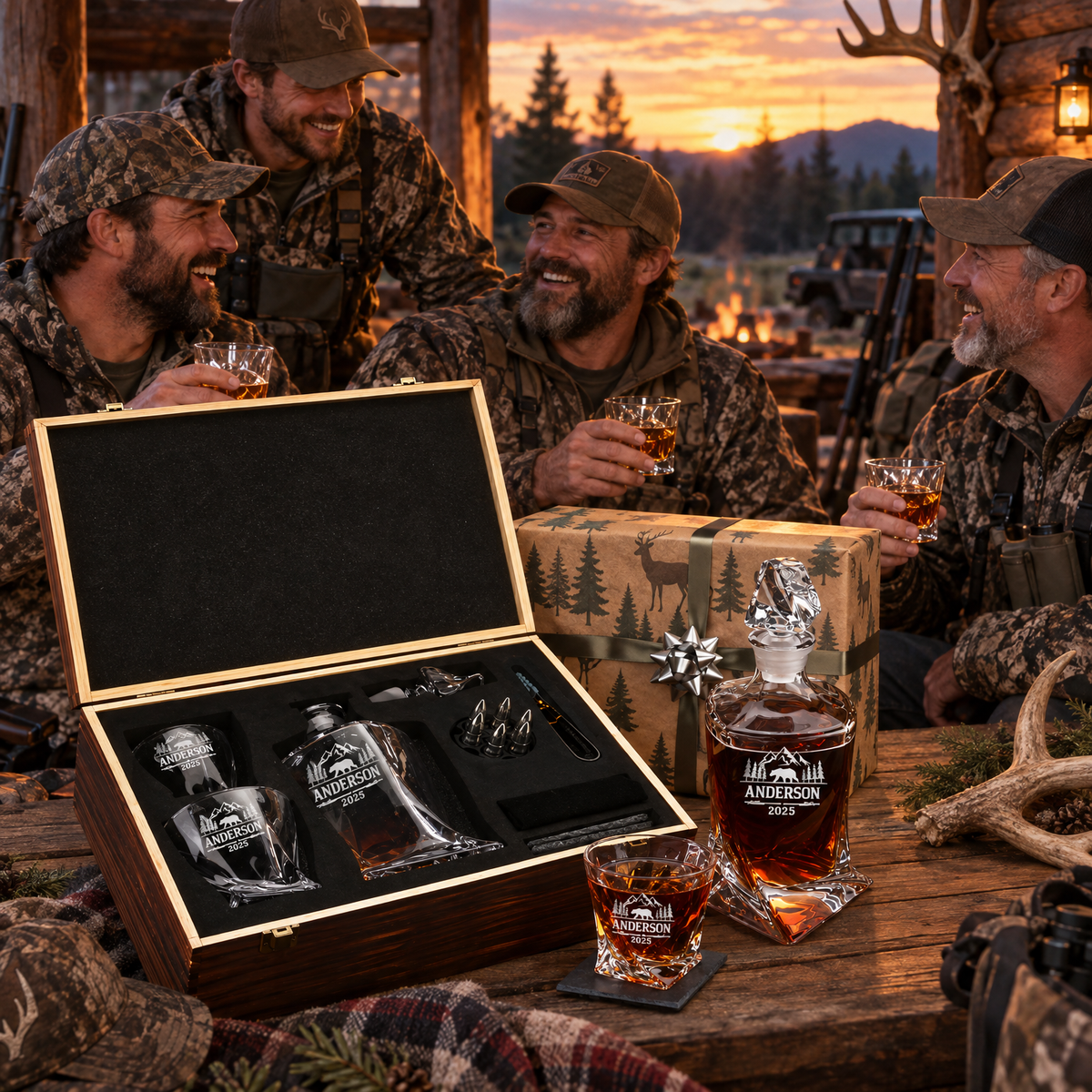Gift for Hunters – Twisted Decanter Set with 2 Glasses, 6 Whiskey Bullets & Wooden Box product image