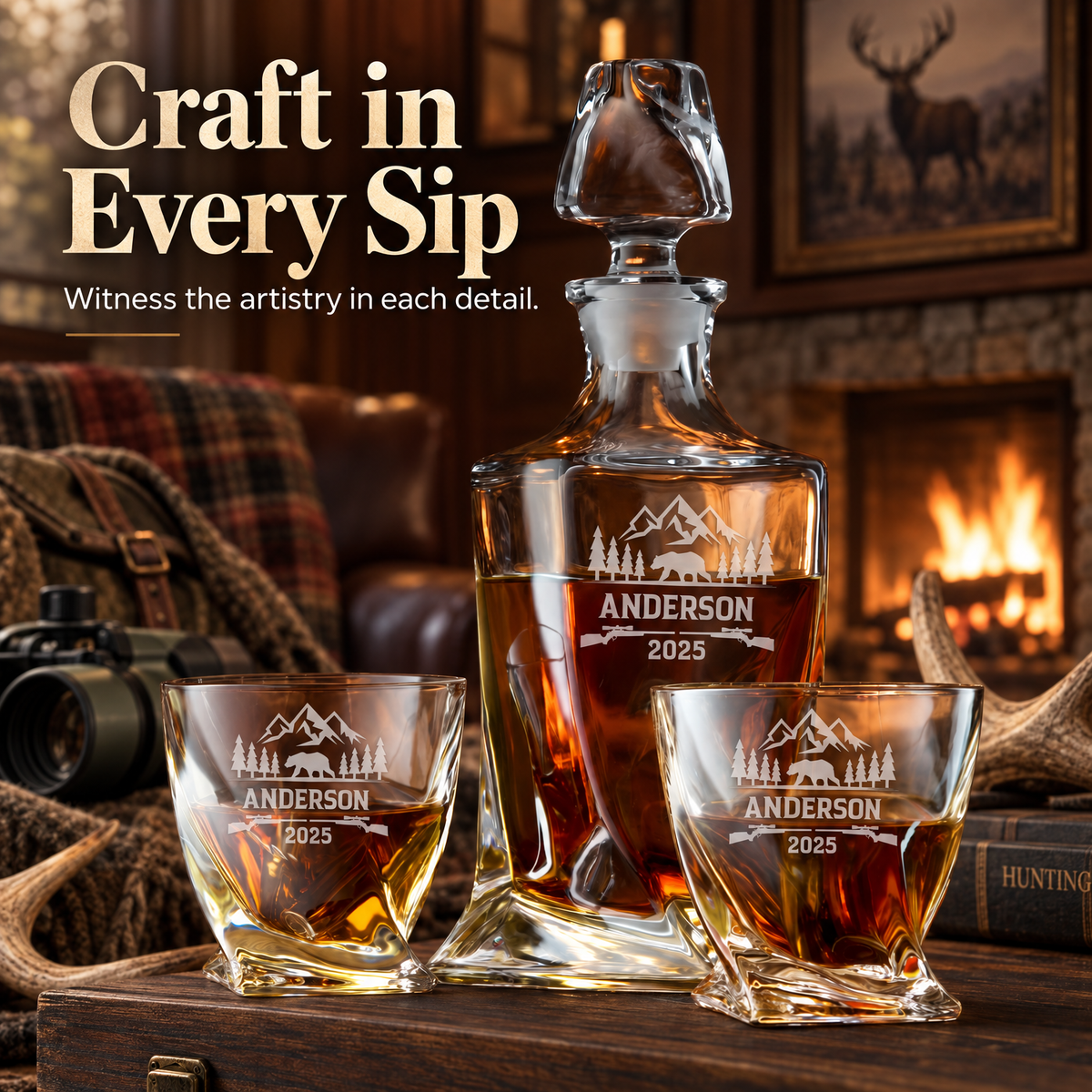 Gift for Hunters – Twisted Decanter Set with 2 Glasses, 6 Whiskey Bullets & Wooden Box product image