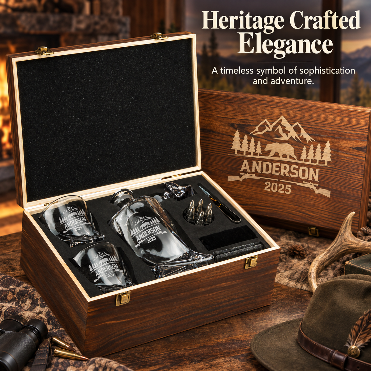 Gift for Hunters – Twisted Decanter Set with 2 Glasses, 6 Whiskey Bullets & Wooden Box – image 20