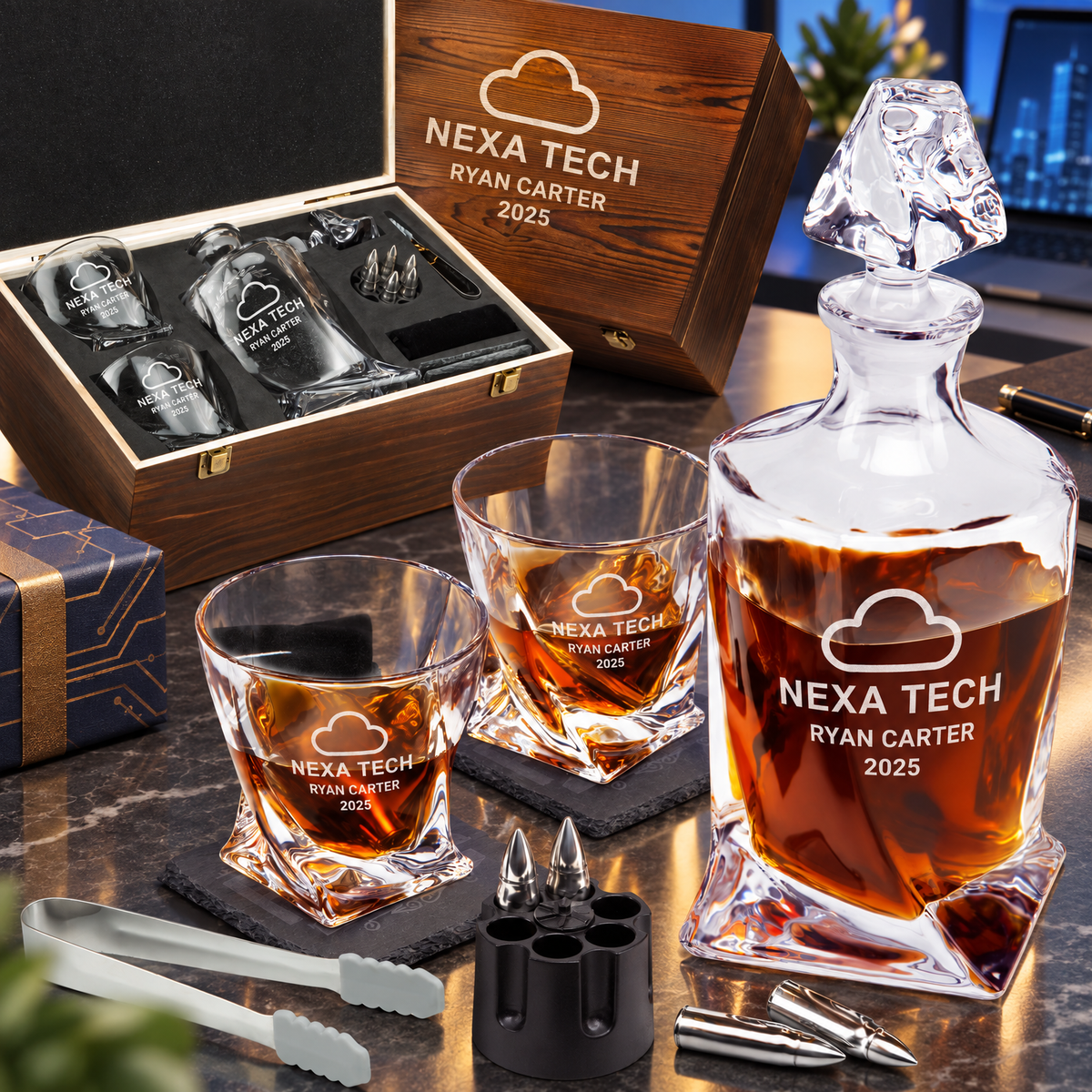 Technology Company Gifts – Twisted Decanter Set with 2 Glasses, 6 Whiskey Bullets & Wooden Box product image