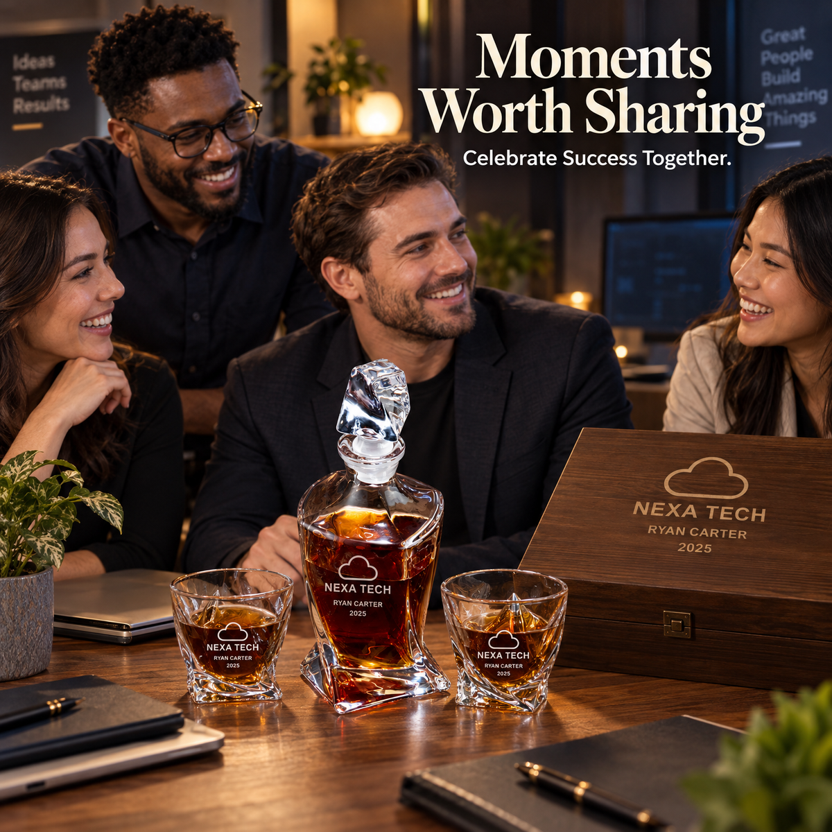 Technology Company Gifts – Twisted Decanter Set with 2 Glasses, 6 Whiskey Bullets & Wooden Box – image 05