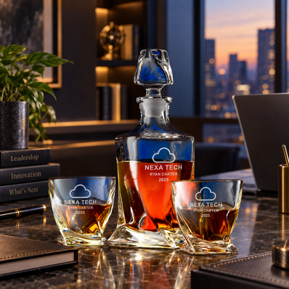 Technology Company Gifts – Twisted Decanter Set with 2 Glasses, 6 Whiskey Bullets & Wooden Box – image 06