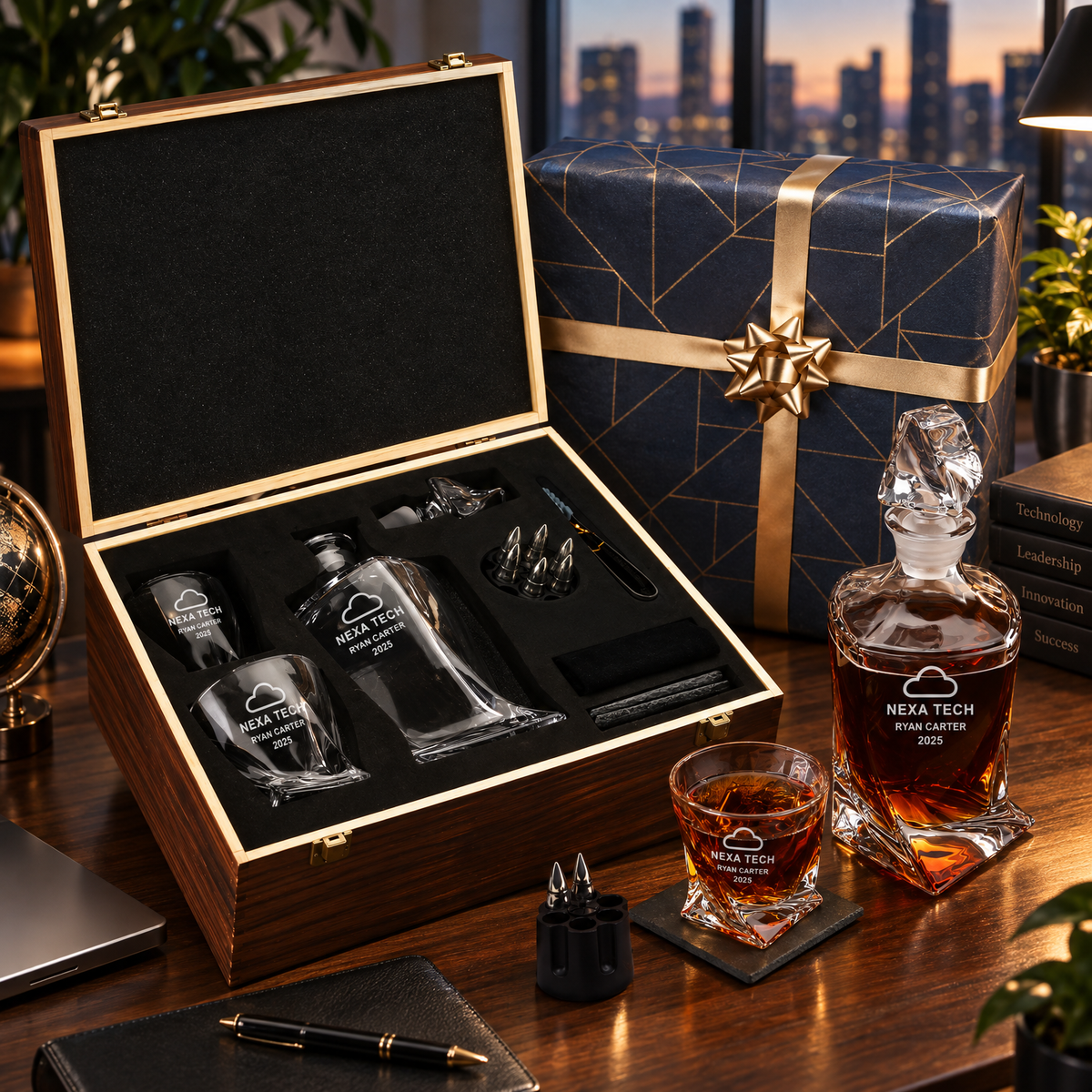 Technology Company Gifts – Twisted Decanter Set with 2 Glasses, 6 Whiskey Bullets & Wooden Box product image