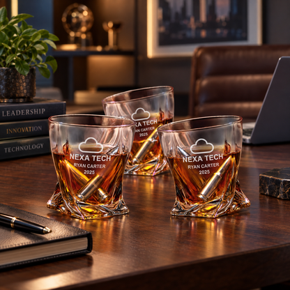 Technology Company Gifts – Twisted Decanter Set with 2 Glasses, 6 Whiskey Bullets & Wooden Box – image 10
