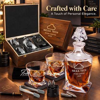 Technology Company Gifts – Twisted Decanter Set with 2 Glasses, 6 Whiskey Bullets & Wooden Box – image 12