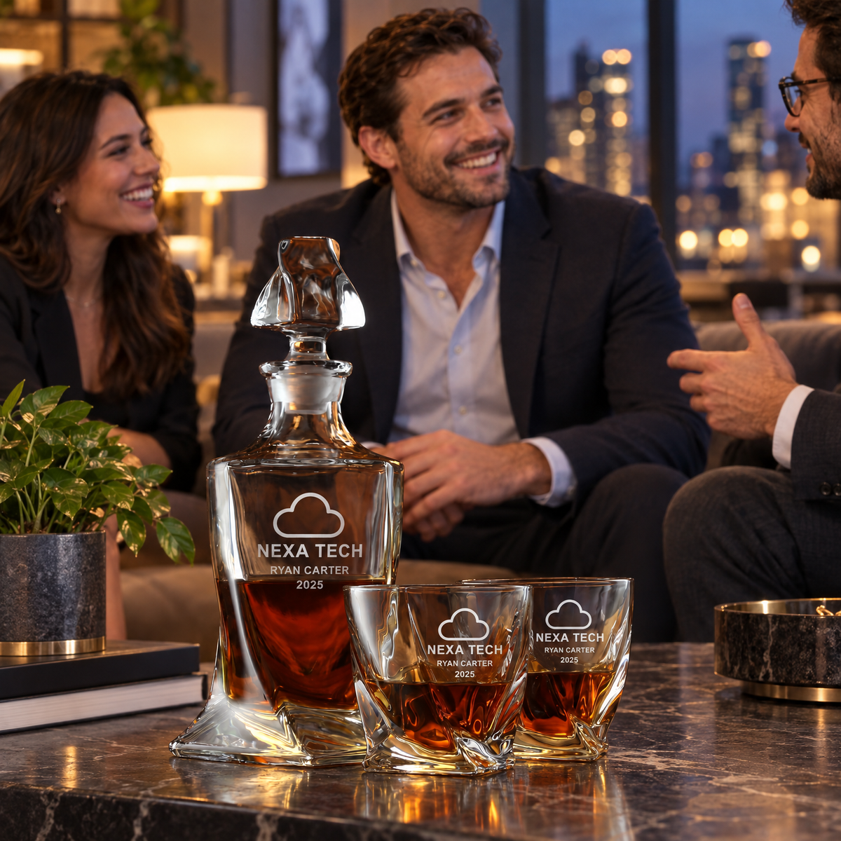 Technology Company Gifts – Twisted Decanter Set with 2 Glasses, 6 Whiskey Bullets & Wooden Box product image