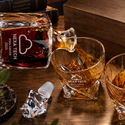 Technology Company Gifts – Twisted Decanter Set with 2 Glasses, 6 Whiskey Bullets & Wooden Box – image 14