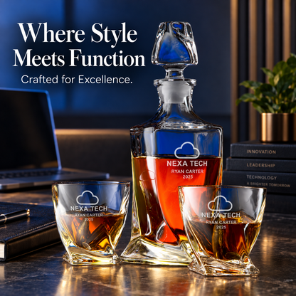 Technology Company Gifts – Twisted Decanter Set with 2 Glasses, 6 Whiskey Bullets & Wooden Box – image 16