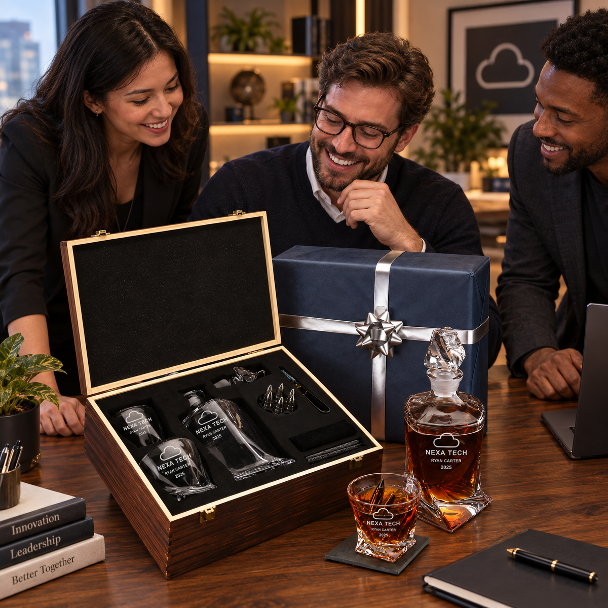 Technology Company Gifts – Twisted Decanter Set with 2 Glasses, 6 Whiskey Bullets & Wooden Box – image 17