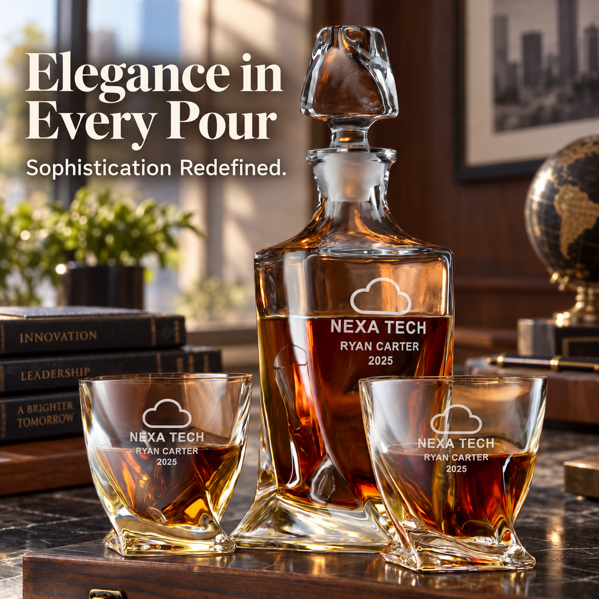 Technology Company Gifts – Twisted Decanter Set with 2 Glasses, 6 Whiskey Bullets & Wooden Box product image