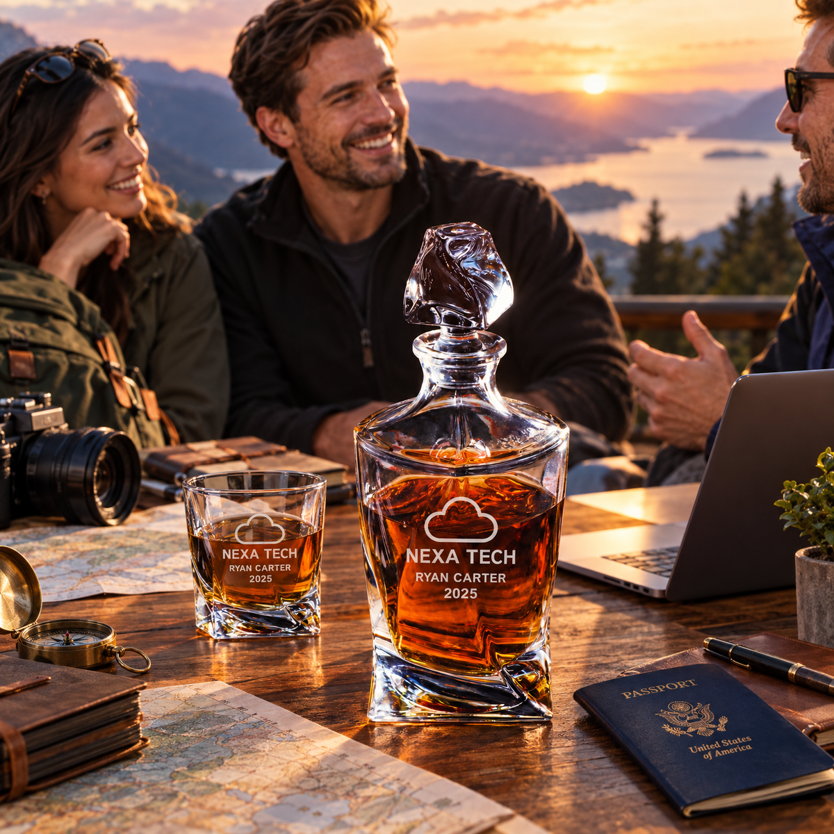 Technology Company Gifts – Twisted Decanter Set with 2 Glasses, 6 Whiskey Bullets & Wooden Box product image