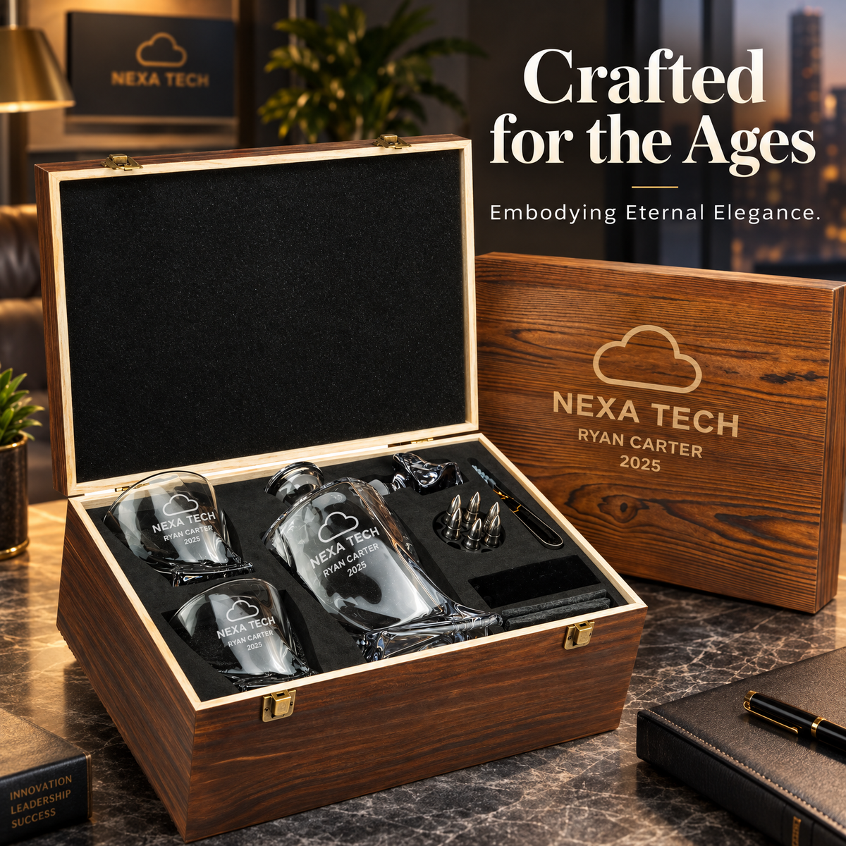Technology Company Gifts – Twisted Decanter Set with 2 Glasses, 6 Whiskey Bullets & Wooden Box product image
