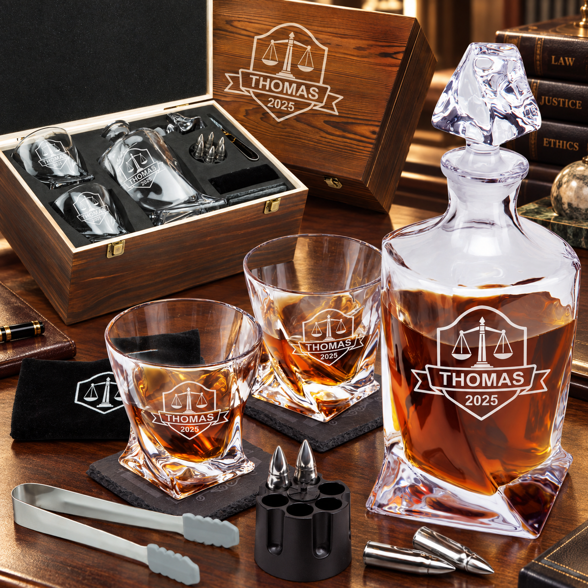 Legal Company Gifts – Twisted Decanter Set with 2 Glasses, 6 Whiskey Bullets & Wooden Box product image