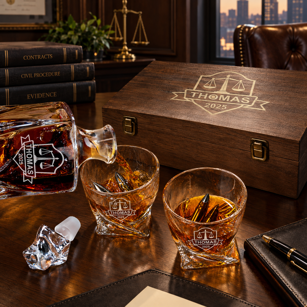 Legal Company Gifts – Twisted Decanter Set with 2 Glasses, 6 Whiskey Bullets & Wooden Box – image 04