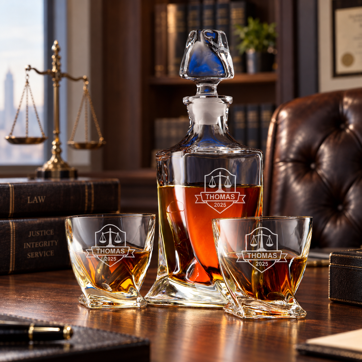 Legal Company Gifts – Twisted Decanter Set with 2 Glasses, 6 Whiskey Bullets & Wooden Box product image