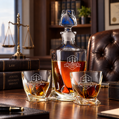 Legal Company Gifts – Twisted Decanter Set with 2 Glasses, 6 Whiskey Bullets & Wooden Box – image 06