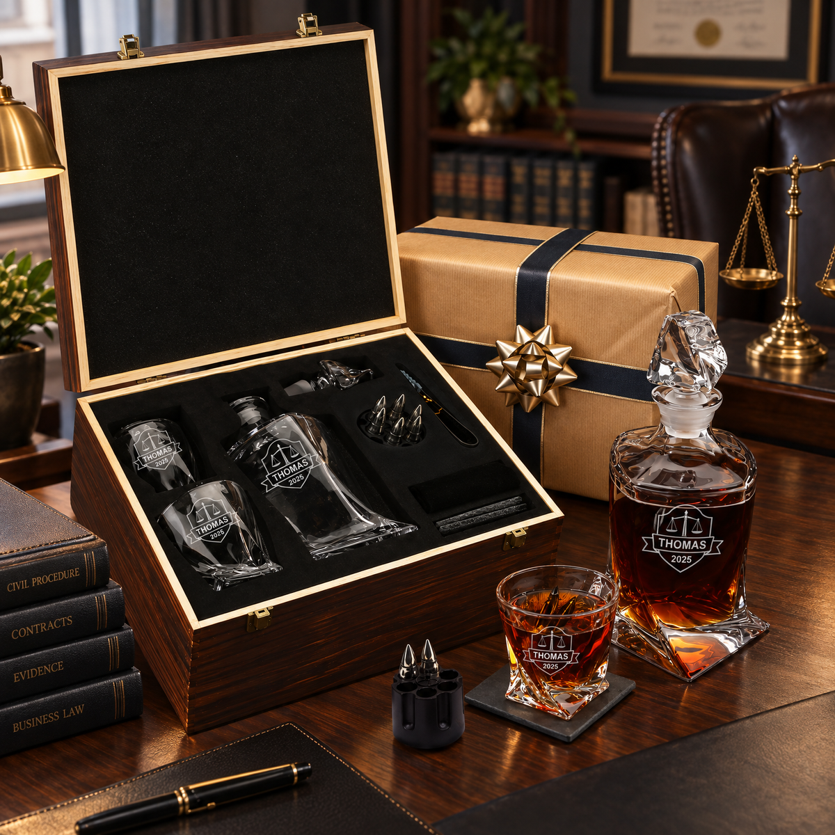 Legal Company Gifts – Twisted Decanter Set with 2 Glasses, 6 Whiskey Bullets & Wooden Box – image 08