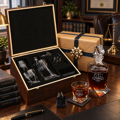 Legal Company Gifts – Twisted Decanter Set with 2 Glasses, 6 Whiskey Bullets & Wooden Box – image 08