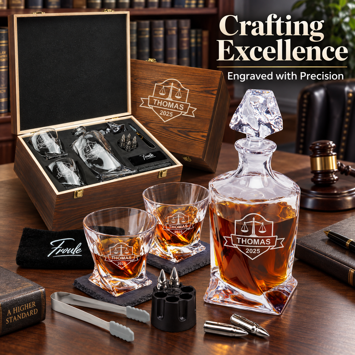 Legal Company Gifts – Twisted Decanter Set with 2 Glasses, 6 Whiskey Bullets & Wooden Box – image 12