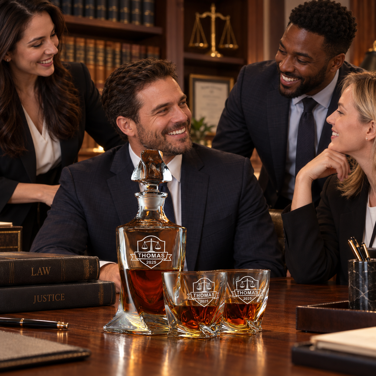 Legal Company Gifts – Twisted Decanter Set with 2 Glasses, 6 Whiskey Bullets & Wooden Box product image