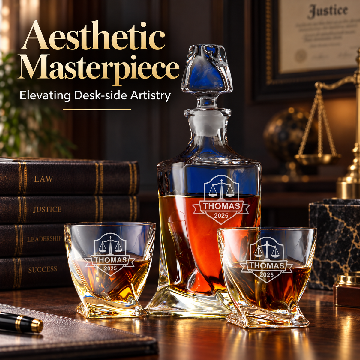 Legal Company Gifts – Twisted Decanter Set with 2 Glasses, 6 Whiskey Bullets & Wooden Box product image