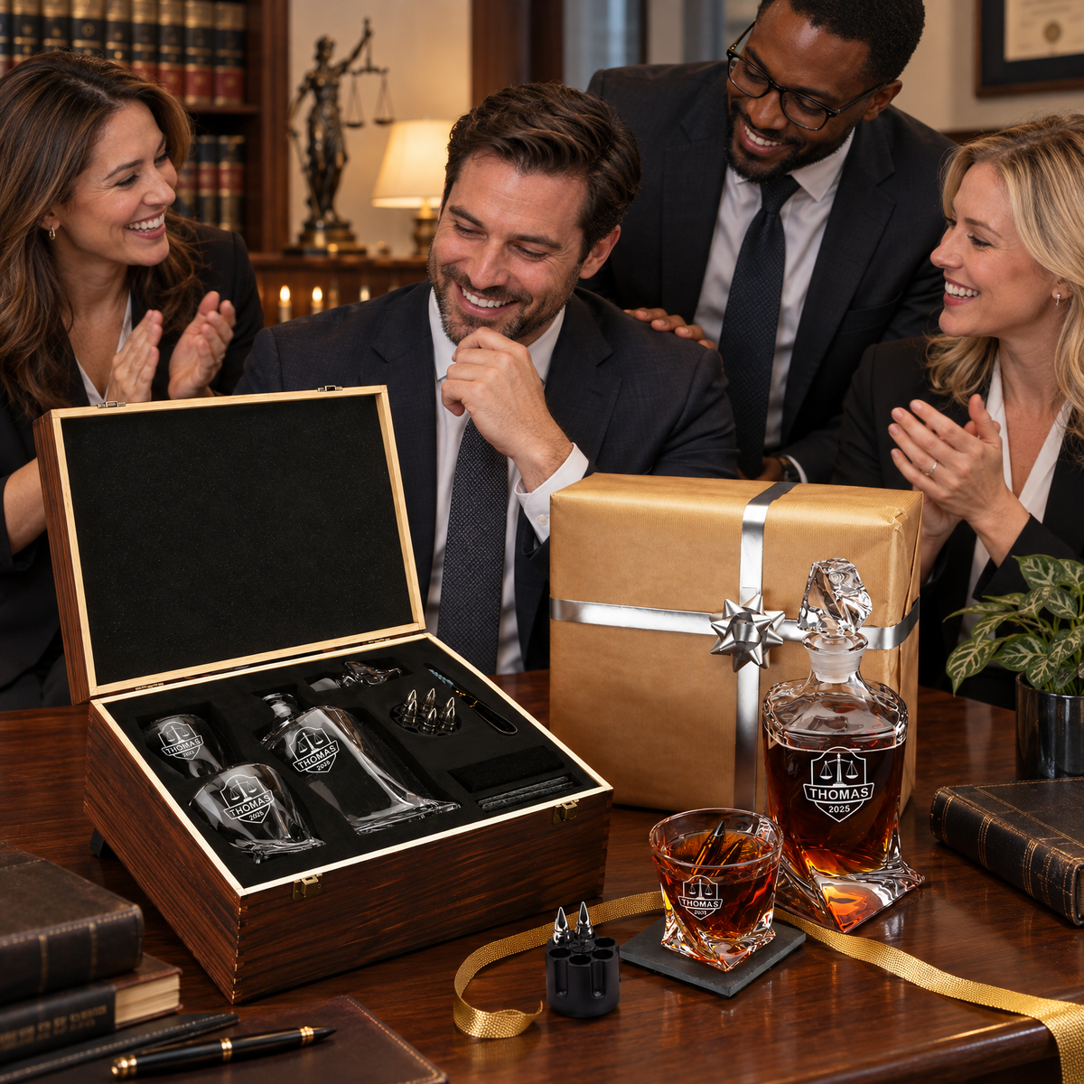 Legal Company Gifts – Twisted Decanter Set with 2 Glasses, 6 Whiskey Bullets & Wooden Box – image 17