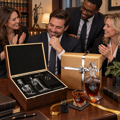 Legal Company Gifts – Twisted Decanter Set with 2 Glasses, 6 Whiskey Bullets & Wooden Box – image 17