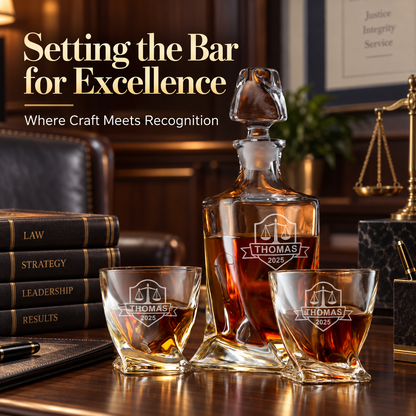 Legal Company Gifts – Twisted Decanter Set with 2 Glasses, 6 Whiskey Bullets & Wooden Box – image 18