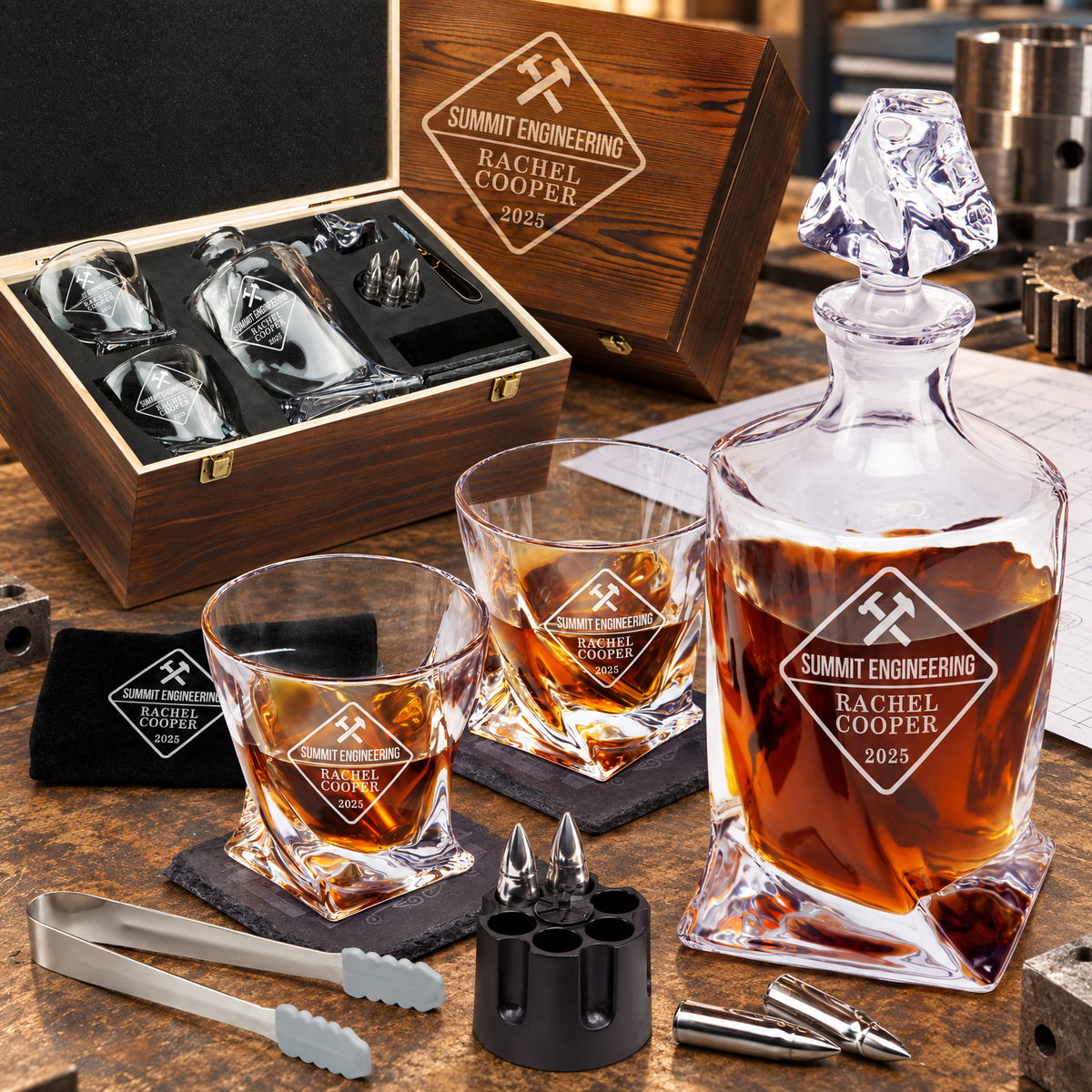 Manufacturing Company Gifts – Twisted Decanter Set with 2 Glasses, 6 Whiskey Bullets & Wooden Box product image