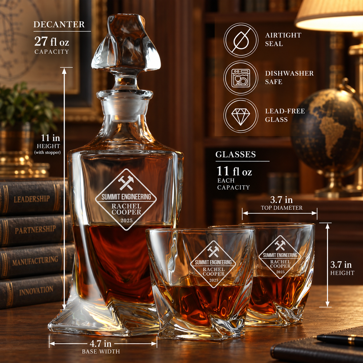 Manufacturing Company Gifts – Twisted Decanter Set with 2 Glasses, 6 Whiskey Bullets & Wooden Box product image