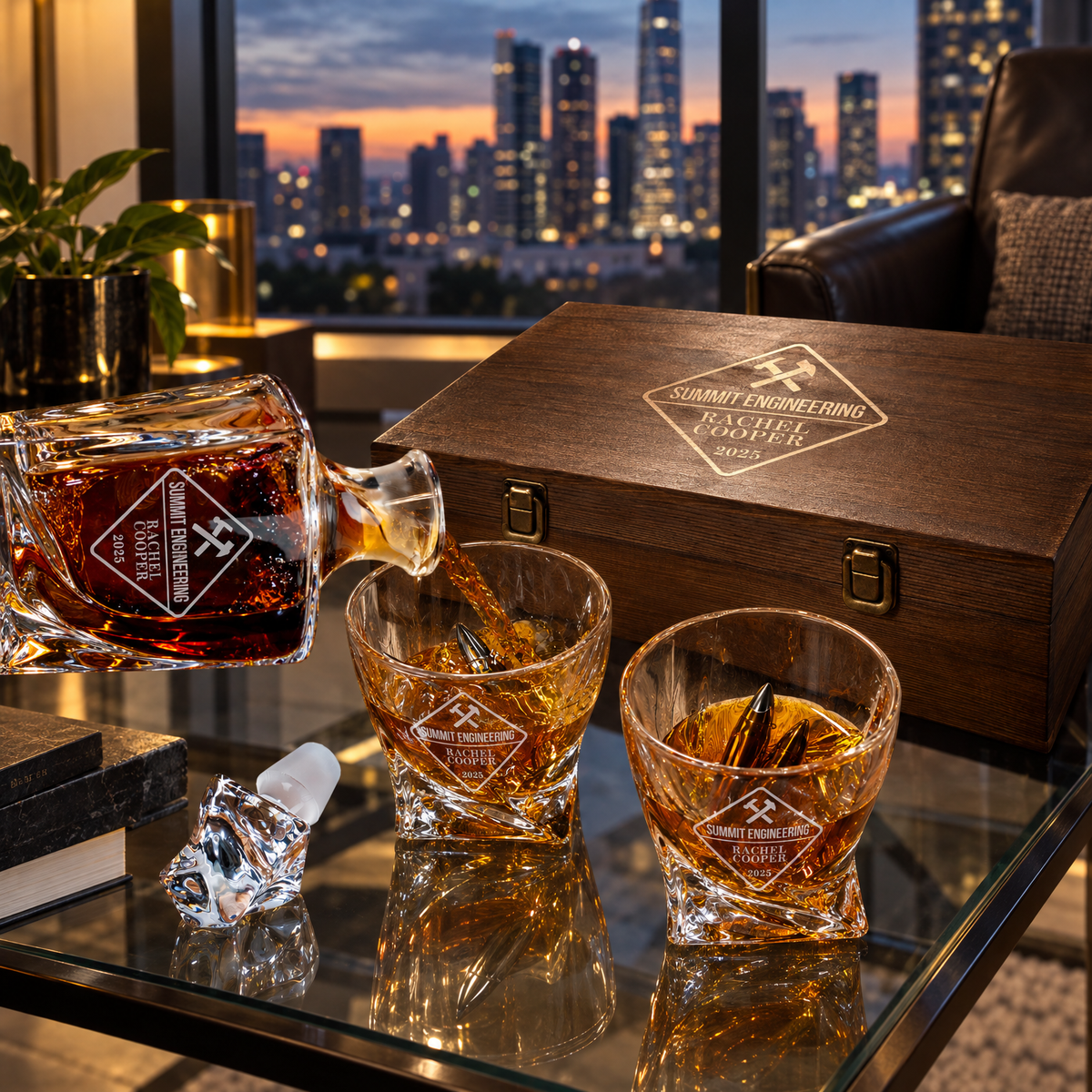 Manufacturing Company Gifts – Twisted Decanter Set with 2 Glasses, 6 Whiskey Bullets & Wooden Box product image
