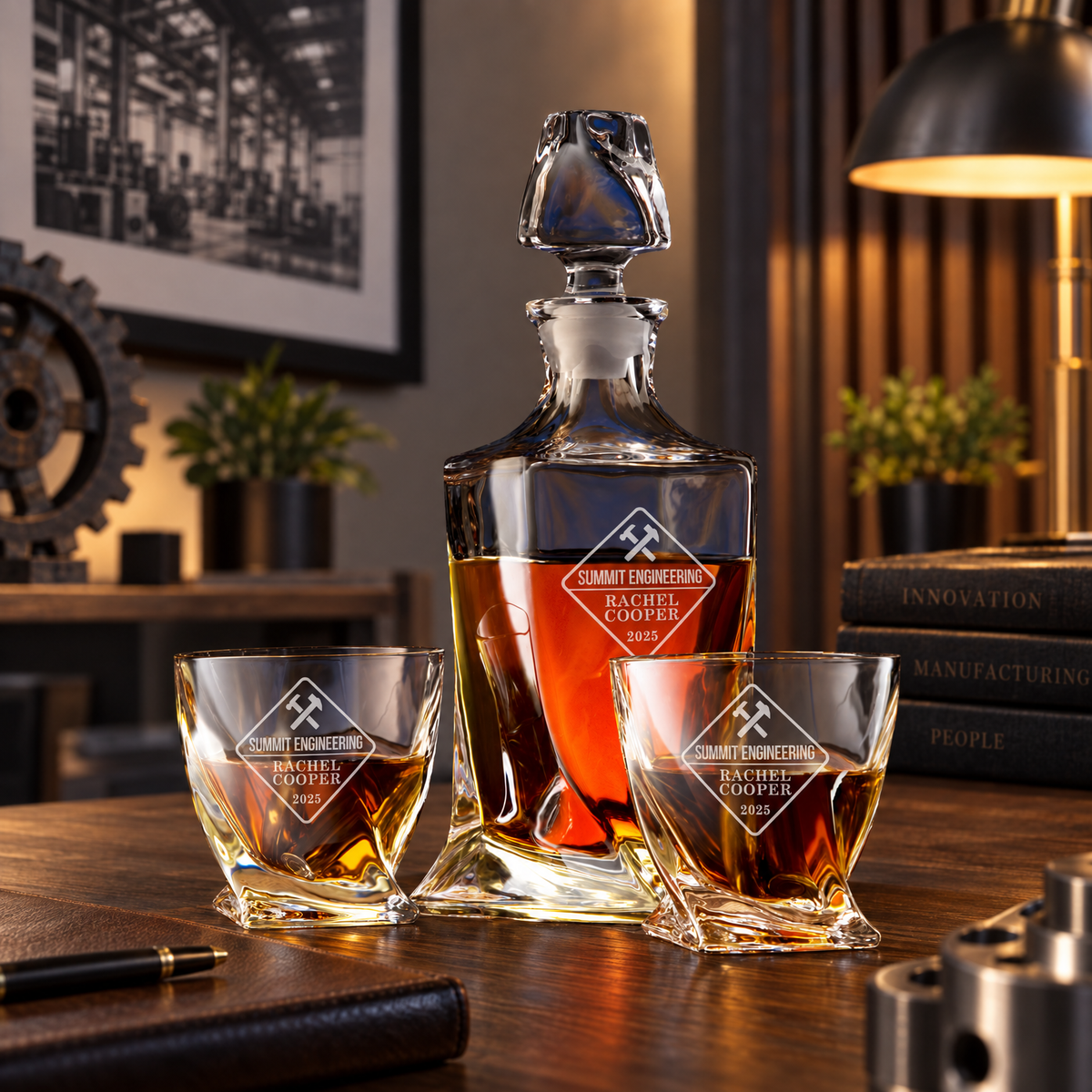 Manufacturing Company Gifts – Twisted Decanter Set with 2 Glasses, 6 Whiskey Bullets & Wooden Box product image