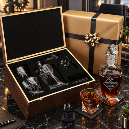 Manufacturing Company Gifts – Twisted Decanter Set with 2 Glasses, 6 Whiskey Bullets & Wooden Box – image 08