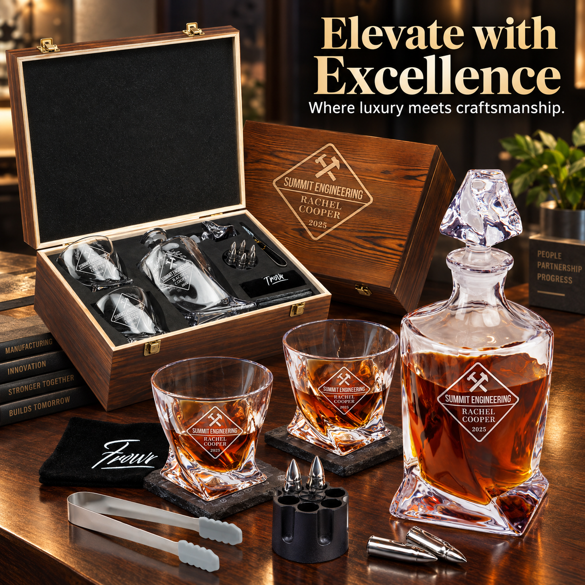 Manufacturing Company Gifts – Twisted Decanter Set with 2 Glasses, 6 Whiskey Bullets & Wooden Box – image 12