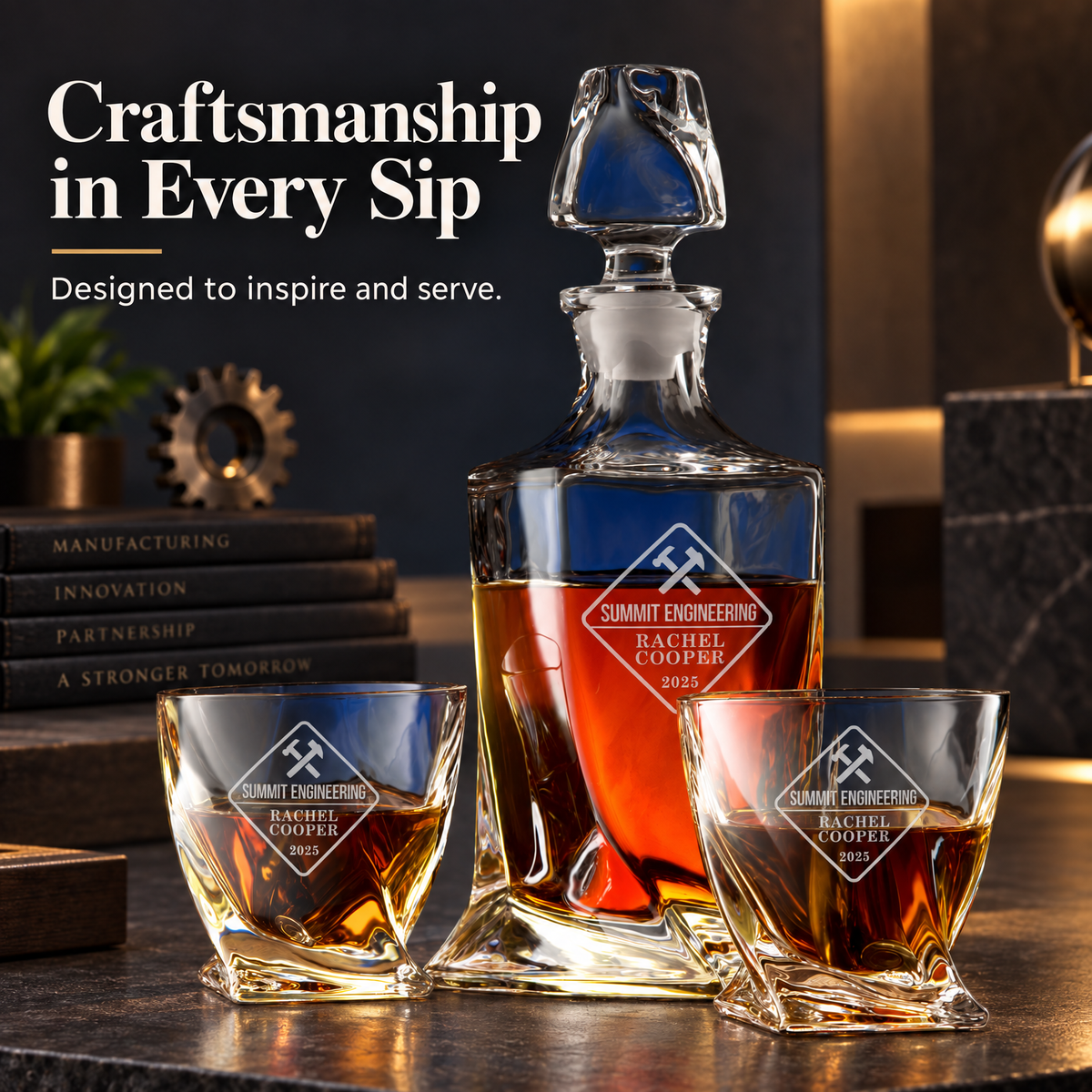 Manufacturing Company Gifts – Twisted Decanter Set with 2 Glasses, 6 Whiskey Bullets & Wooden Box – image 16