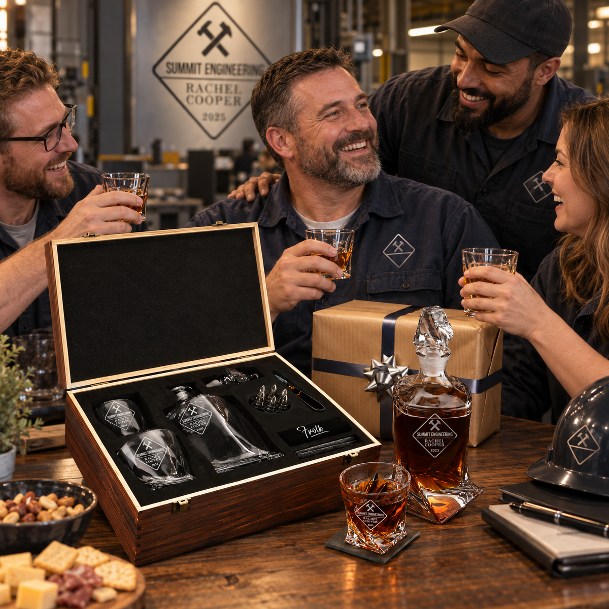 Manufacturing Company Gifts – Twisted Decanter Set with 2 Glasses, 6 Whiskey Bullets & Wooden Box – image 17