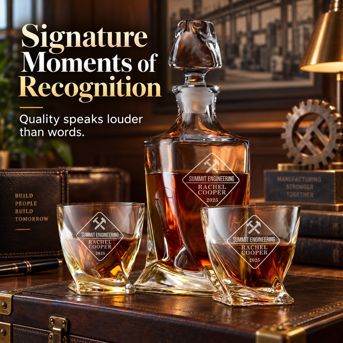 Manufacturing Company Gifts – Twisted Decanter Set with 2 Glasses, 6 Whiskey Bullets & Wooden Box – image 18