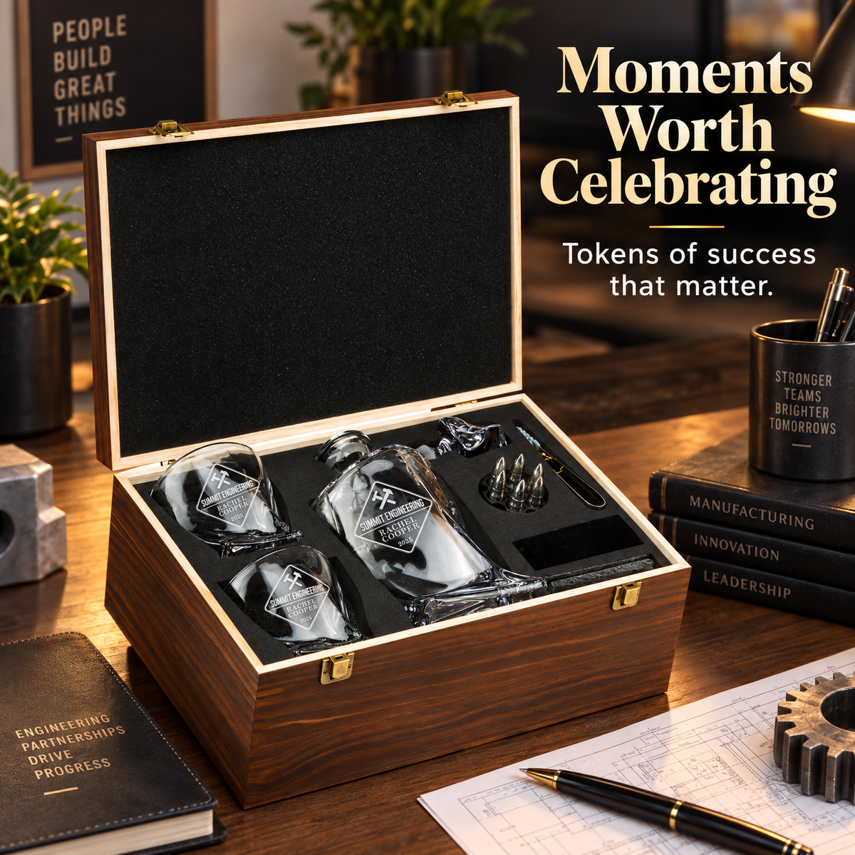 Manufacturing Company Gifts – Twisted Decanter Set with 2 Glasses, 6 Whiskey Bullets & Wooden Box – image 20