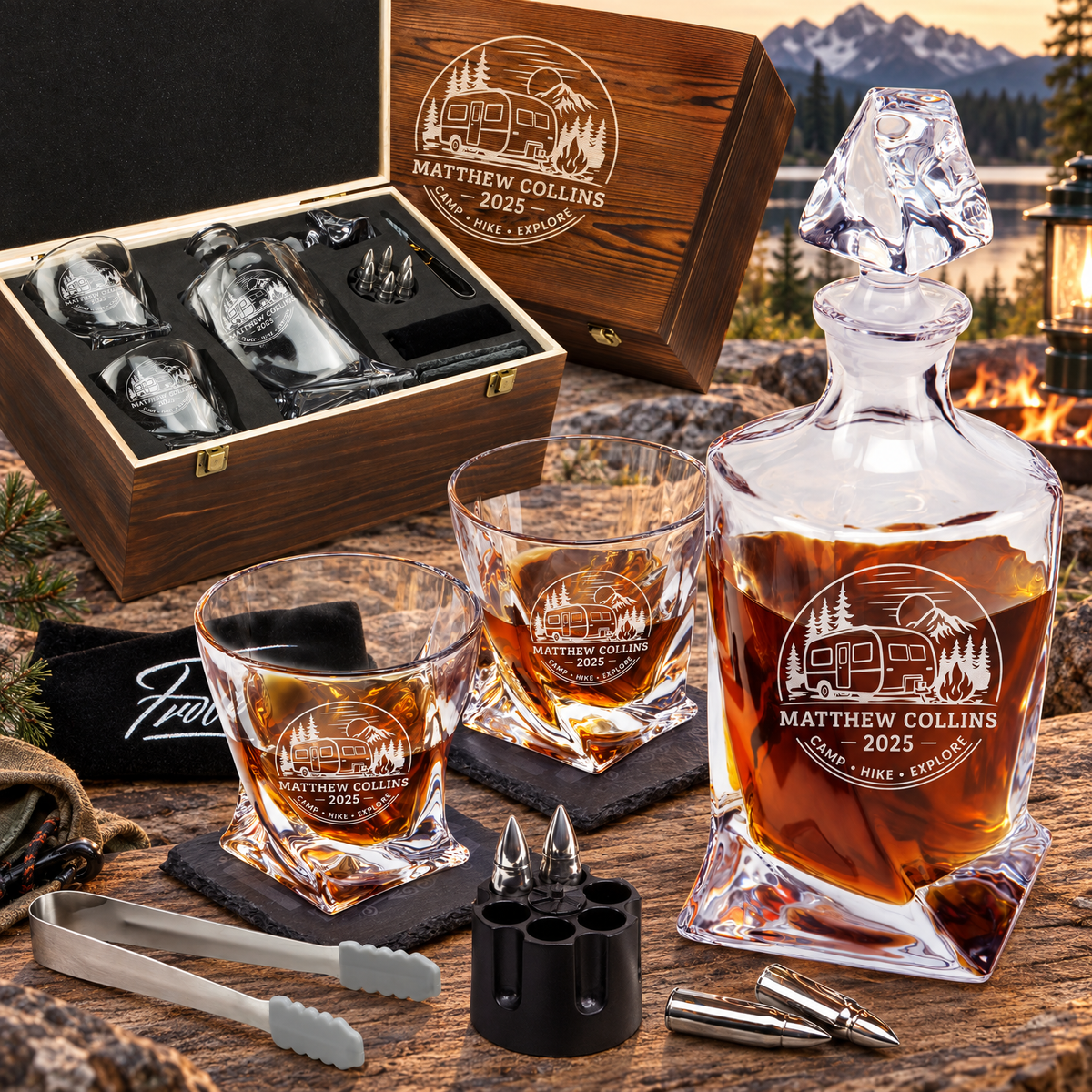 Gift for Outdoorsmen – Twisted Decanter Set with 2 Glasses, 6 Whiskey Bullets & Wooden Box product image