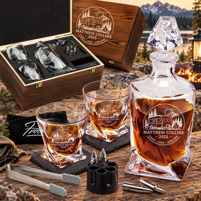 Gift for Outdoorsmen – Twisted Decanter Set with 2 Glasses, 6 Whiskey Bullets & Wooden Box – image 01