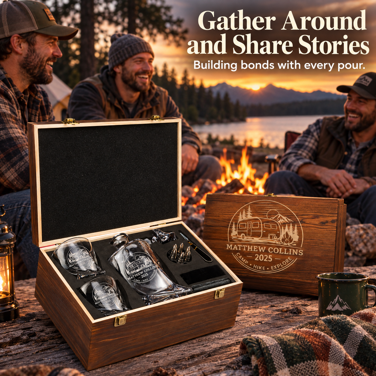 Gift for Outdoorsmen – Twisted Decanter Set with 2 Glasses, 6 Whiskey Bullets & Wooden Box product image