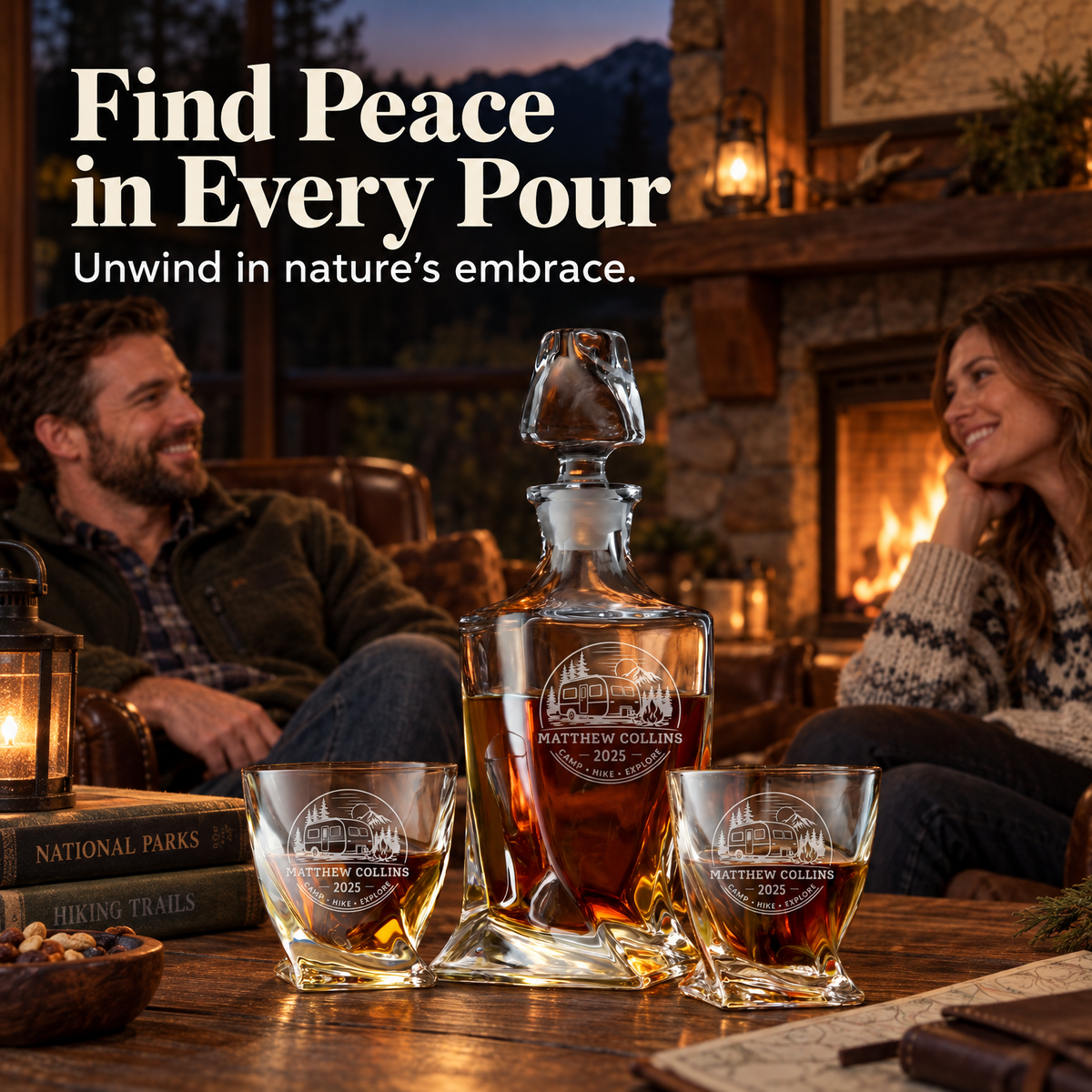 Gift for Outdoorsmen – Twisted Decanter Set with 2 Glasses, 6 Whiskey Bullets & Wooden Box product image