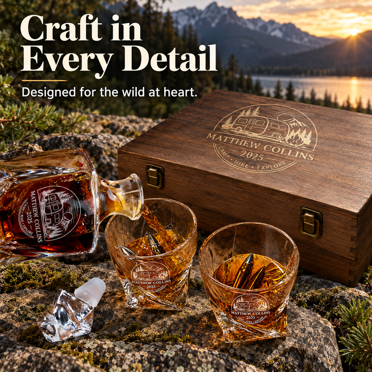 Gift for Outdoorsmen – Twisted Decanter Set with 2 Glasses, 6 Whiskey Bullets & Wooden Box – image 14