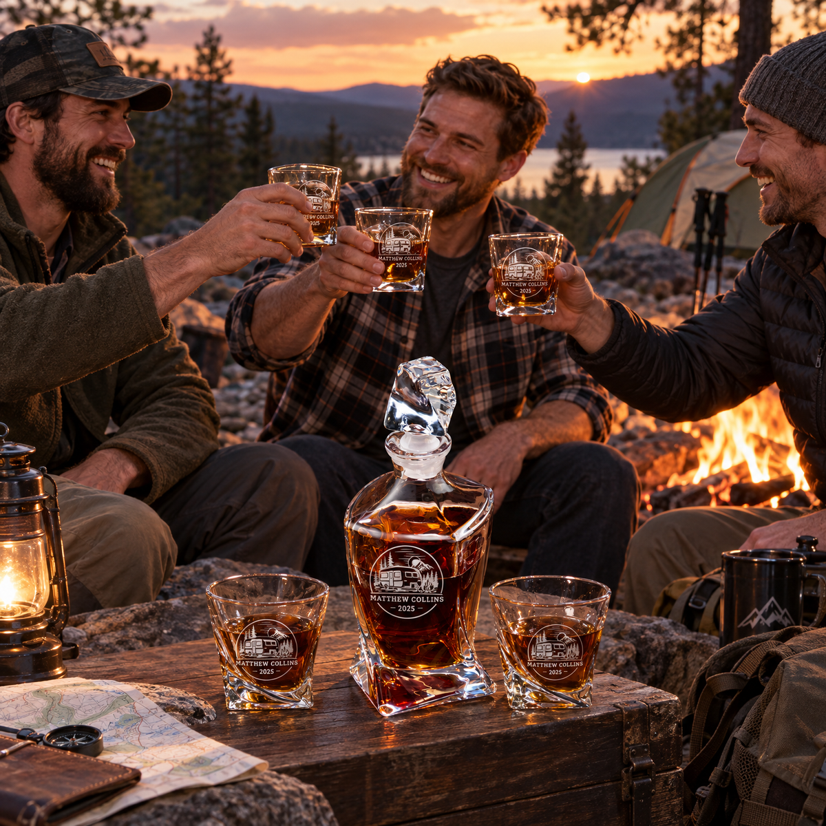 Gift for Outdoorsmen – Twisted Decanter Set with 2 Glasses, 6 Whiskey Bullets & Wooden Box product image