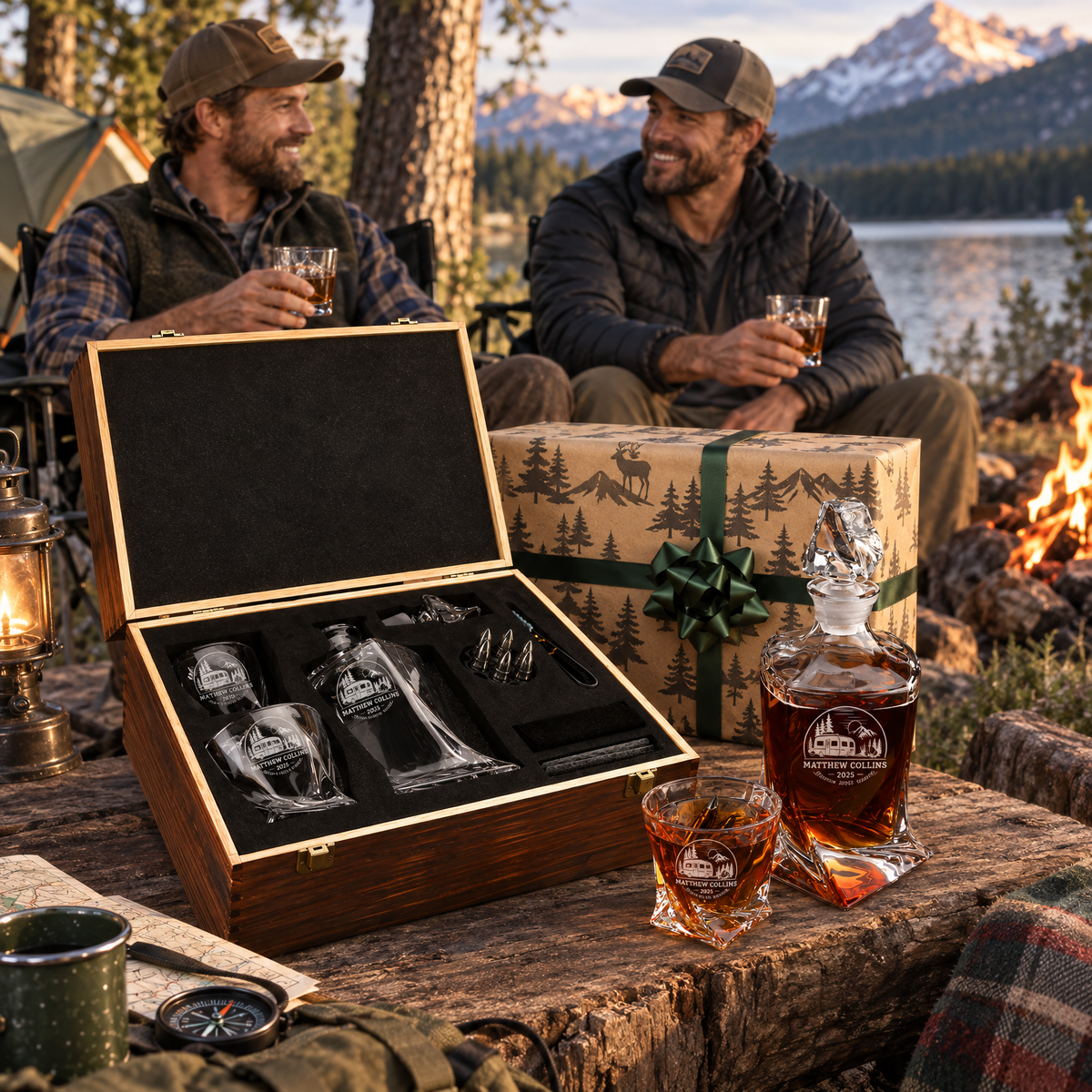 Gift for Outdoorsmen – Twisted Decanter Set with 2 Glasses, 6 Whiskey Bullets & Wooden Box product image