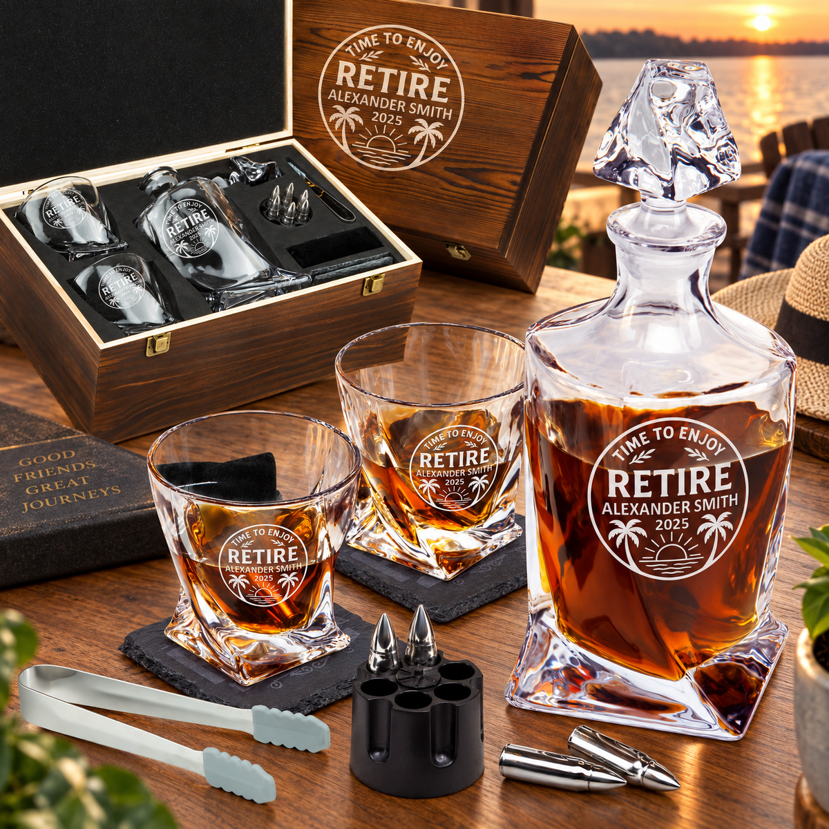 Retirement Gift – Twisted Decanter Set with 2 Glasses, 6 Whiskey Bullets & Wooden Box – image 01