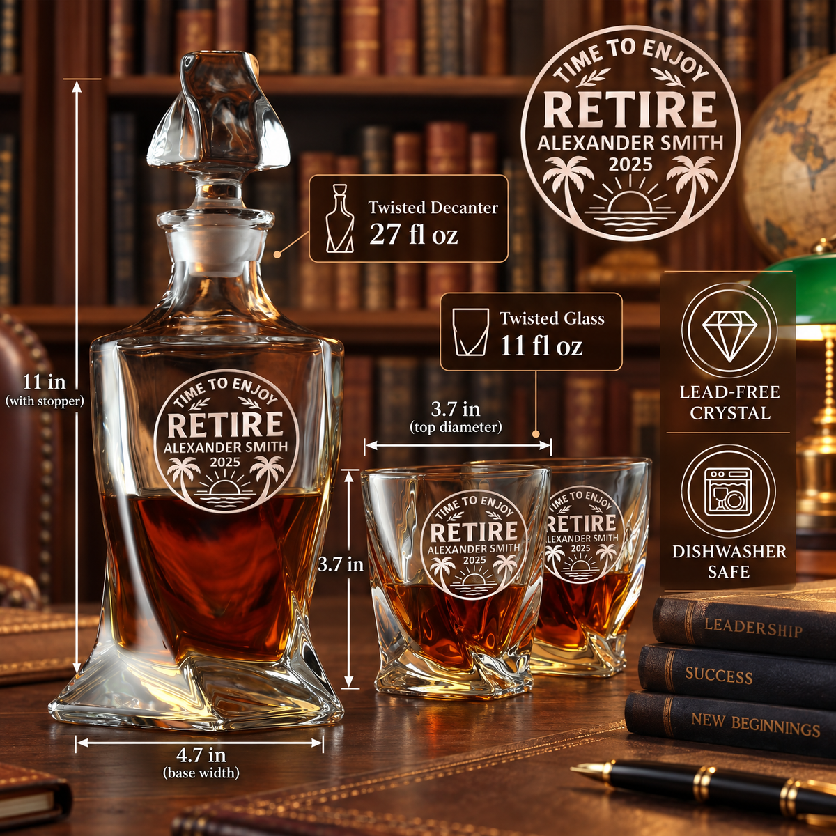 Retirement Gift – Twisted Decanter Set with 2 Glasses, 6 Whiskey Bullets & Wooden Box product image