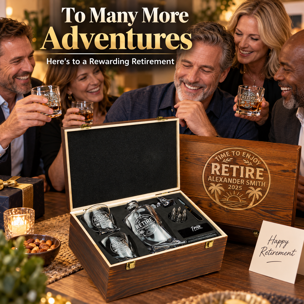 Retirement Gift – Twisted Decanter Set with 2 Glasses, 6 Whiskey Bullets & Wooden Box product image