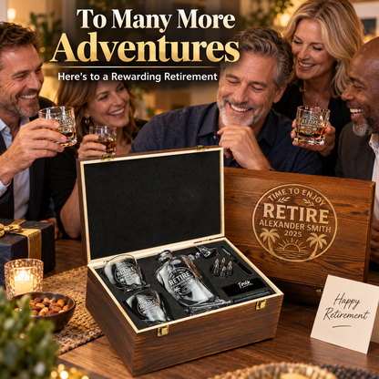 Retirement Gift – Twisted Decanter Set with 2 Glasses, 6 Whiskey Bullets & Wooden Box – image 07