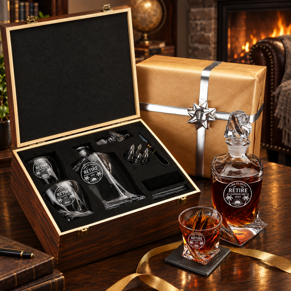 Retirement Gift – Twisted Decanter Set with 2 Glasses, 6 Whiskey Bullets & Wooden Box product image